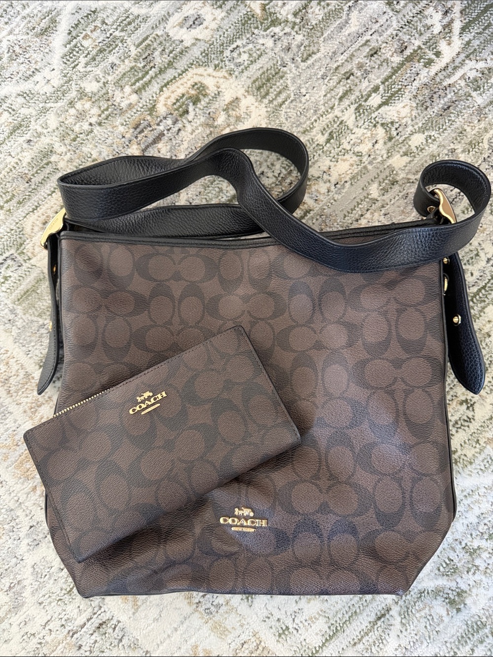 Coach Brown Signature Canvas Shoulder Bag with Black Trim and Matching Wristlet